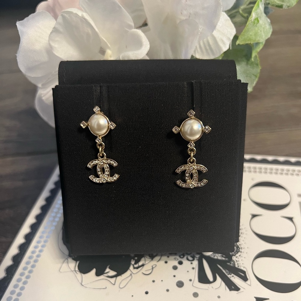 Chanel Crystal CC Faux Pearl Drop Earrings